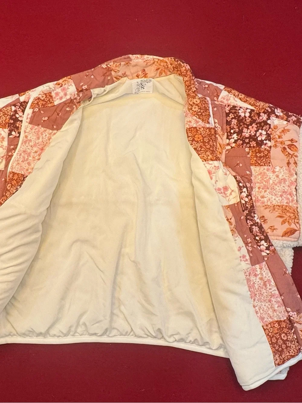 Altar'd State Pink & Cream Floral Cropped Patchwork Sherpa Jacket